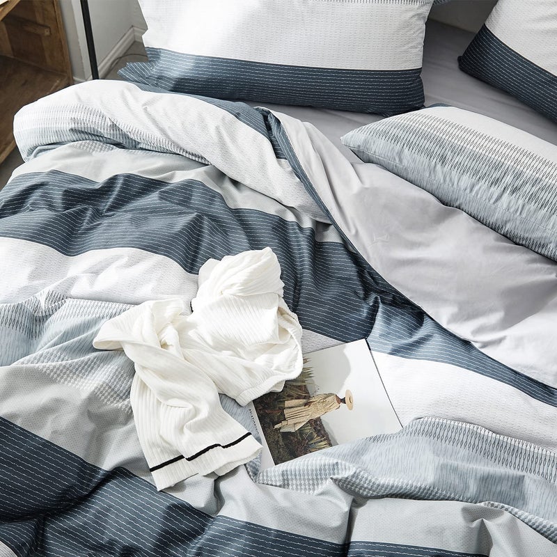 OREISE Duvet Cover Set Full/Queen Size 100% Cotton Bedding Set Gray Blue White Printed Striped Style,3Piece (1 Duvet Cover + 2 Pillowcase),Comfortable Luxurious Soft - Image 5